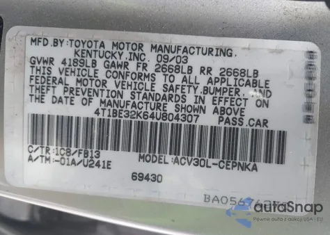 2004 Toyota Camry Le z USA, uszkodzony, nr VIN 4T1BE32K64U804307